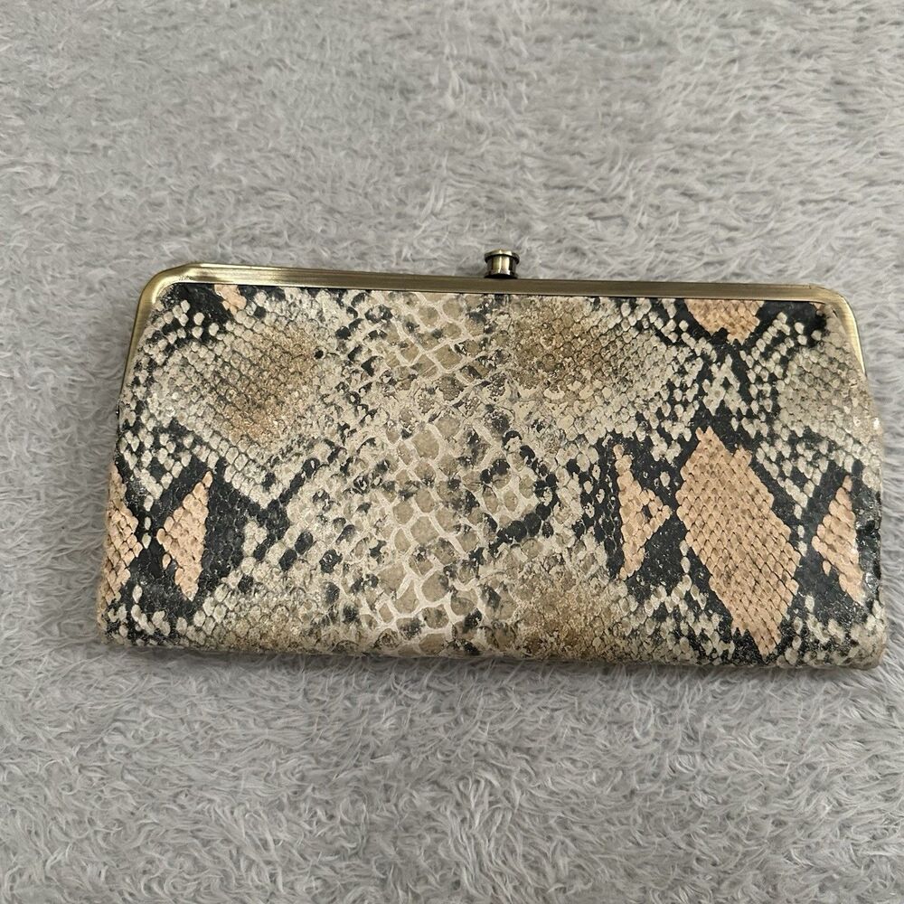 HOBO International Lauren Snake Print Leather Double Frame Clutch Wallet Tan